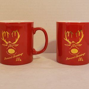 Vintage McDonalds Seasons Greetings Red & Gold Reindeer Christmas Mug-Lot of 2